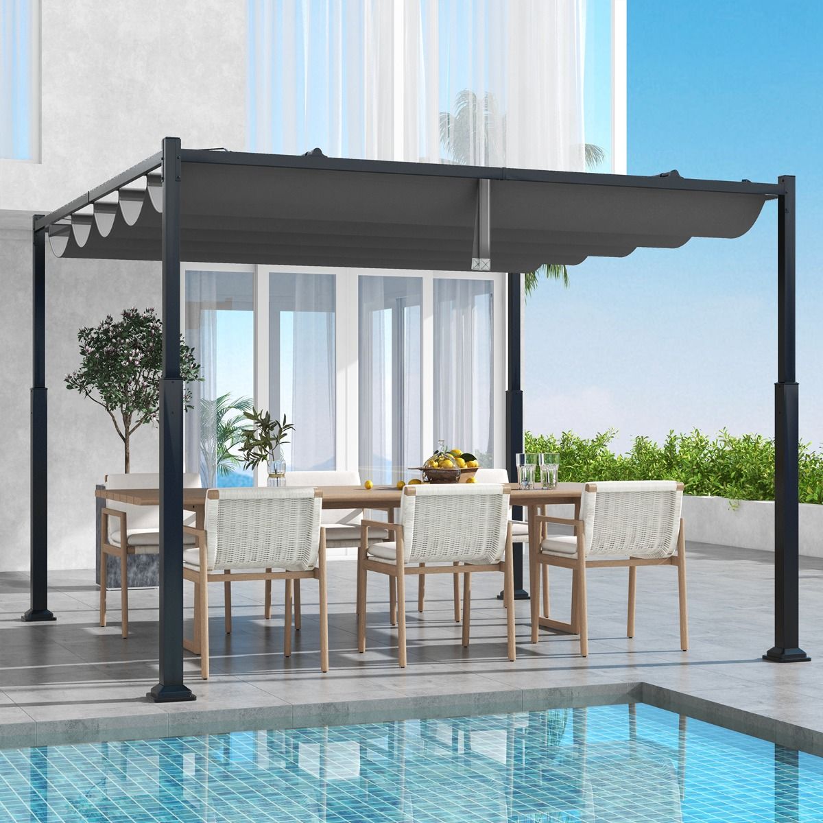 Pergola d'extérieur Coast - auvent rétractable - colonnes métalliques robustes - gris et noir - 310 x 310 cm