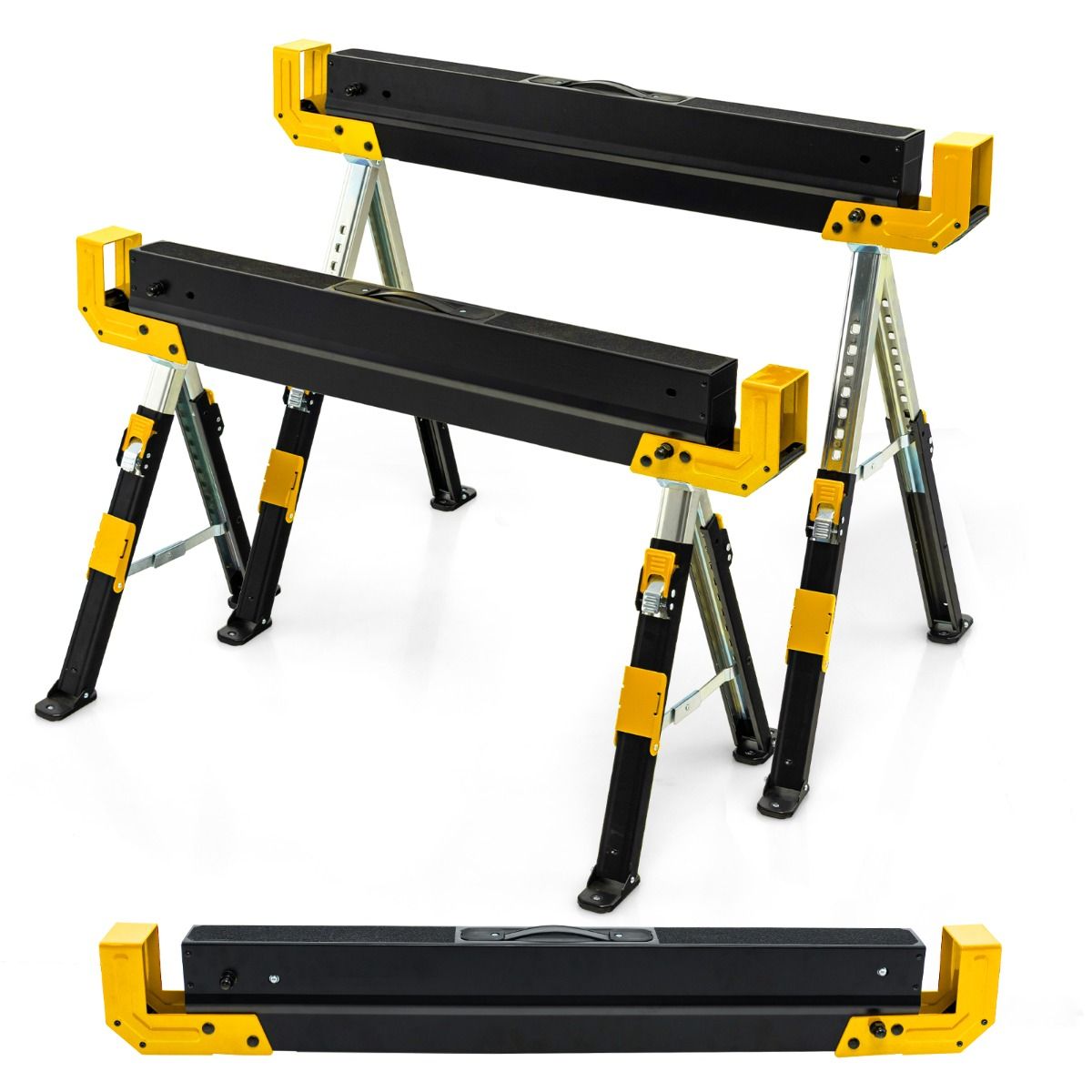 Ensemble de 2 chevalets de sciage pliants Coast - Réglables en hauteur - Surface supérieure antidérapante en PVC - Jaune et noir