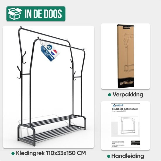Avalo Industrial Clothes Rack Double Rod - Metal - 110x33x150 CM - Black - Storage For Shoes - Wardrobe Rack With Hooks