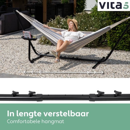 Hamac Vita5 avec support - 2 personnes - Porte-gobelet inclus - 205kg de poids - Bleu/Blanc