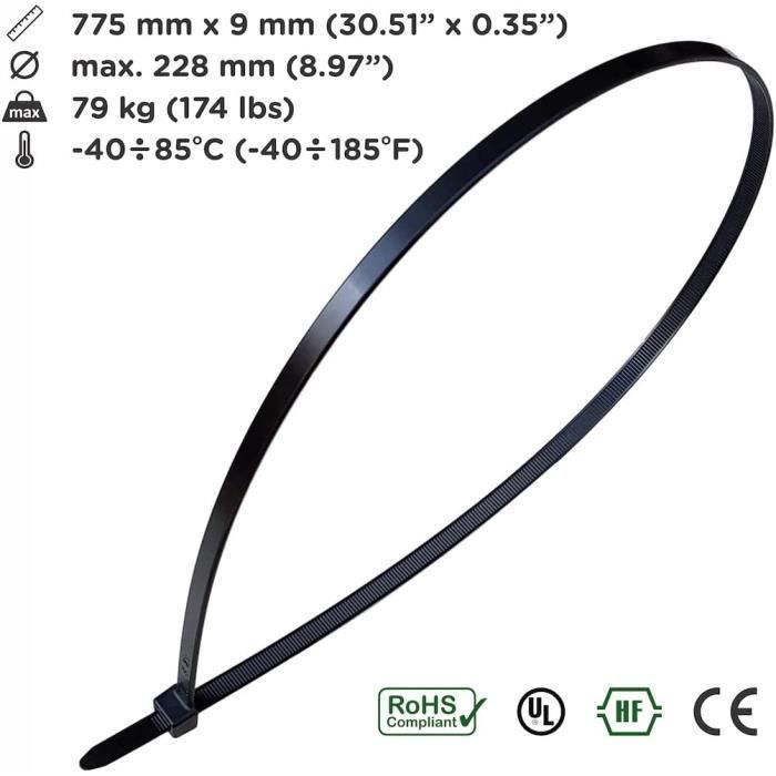 Colliers de serrage Intervisio pour usage intensif - 775 x 9 mm - Résistants aux UV - 30 pièces - Noir
