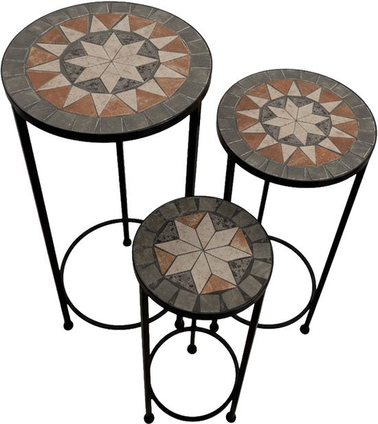 AXI Lola Table d'appoint ronde « Mozaïek » à motif étoile, gris/marron - Lot de 3 pièces – Tables d'appoint – Différentes dimensions – Aspect mosaïque – Incrustée de carreaux de céramique – Pour l'intérieur, le jardin, la terrasse et le balcon