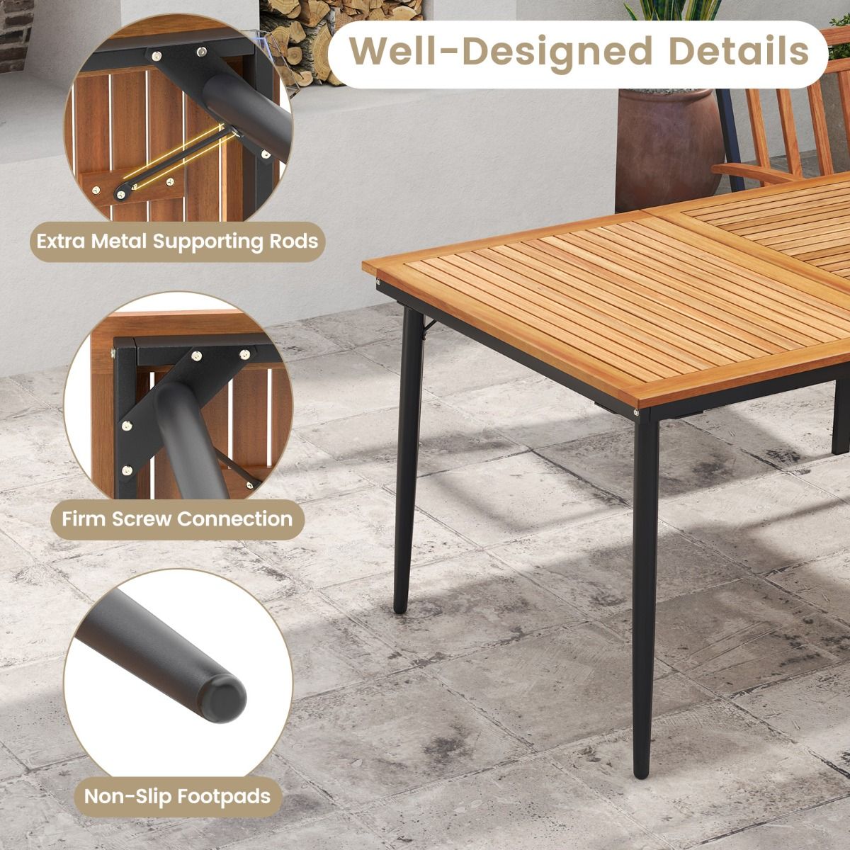 Table de jardin Coast pour 8 personnes - bois d'acacia avec pieds en métal - trou pour parasol de 5 cm - couleur naturelle et noire - 200 x 90 cm