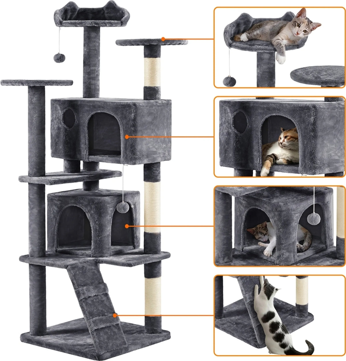 Arbre à chat Yaheetech avec 2 grottes - 178 cm de haut - 54 x 54 cm - Gris foncé