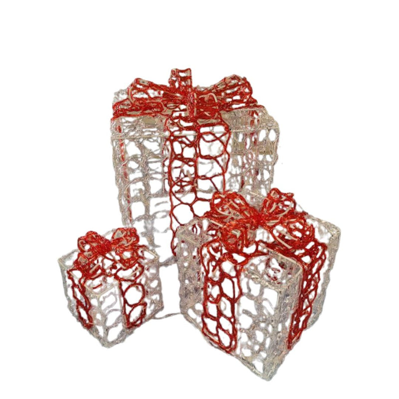 SPLENDEO Set de 3 cadeaux lumineux - 1 grand 1 moyen 1 petit - Acrylique - 60 ampoules - LED blanc