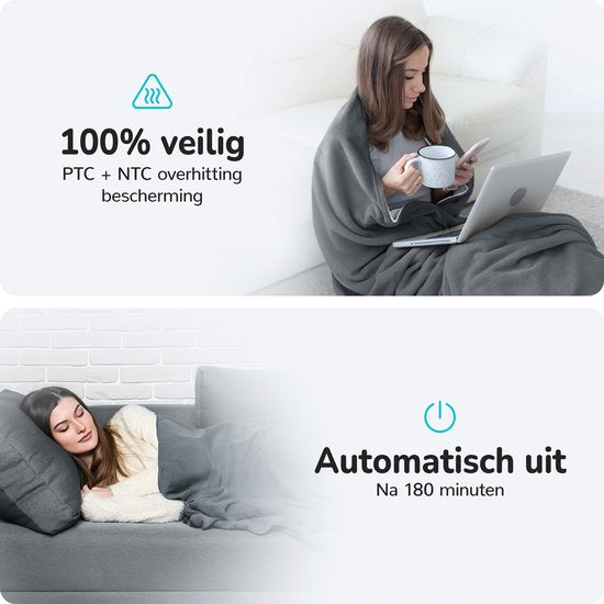 Couverture électrique Bloomfold - 160 x 130 cm - Lavable en machine - 1 personne - 9 niveaux - Avec minuterie - Couverture chauffante - Gris/flanelle