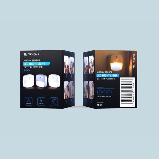 TIKKENS® Veilleuse avec détecteur de mouvement - 3 pièces - Lumière LED pour placard et escalier avec détecteur - Sans batterie
