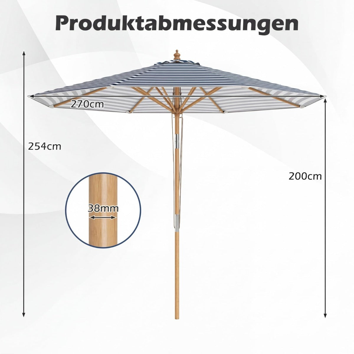 Parasol en bois Coast 270 cm - rayures bleues et blanches