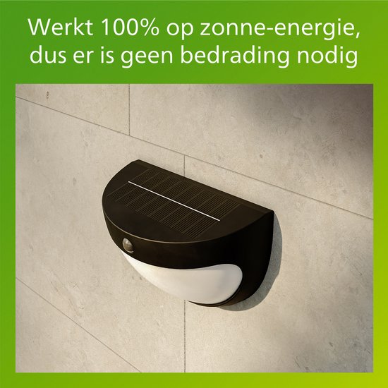 Applique murale Philips Swyn Solar - Énergie solaire - Lumière blanc chaud : 2700 K - Noir - Deux modes d'éclairage - Capteur crépusculaire - Détecteur de mouvement - IP44 : résistante aux intempéries - Éclairage extérieur solaire