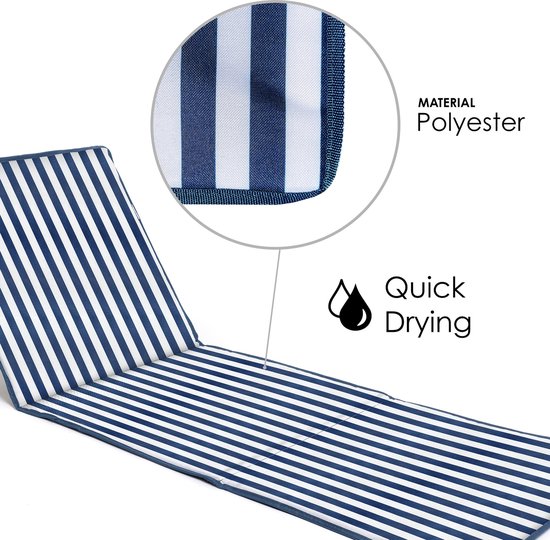 Tapis de plage pliable - chaise longue - dossier réglable - facile à transporter - léger - poche de rangement zippée (rayures bleues et blanches verticales)