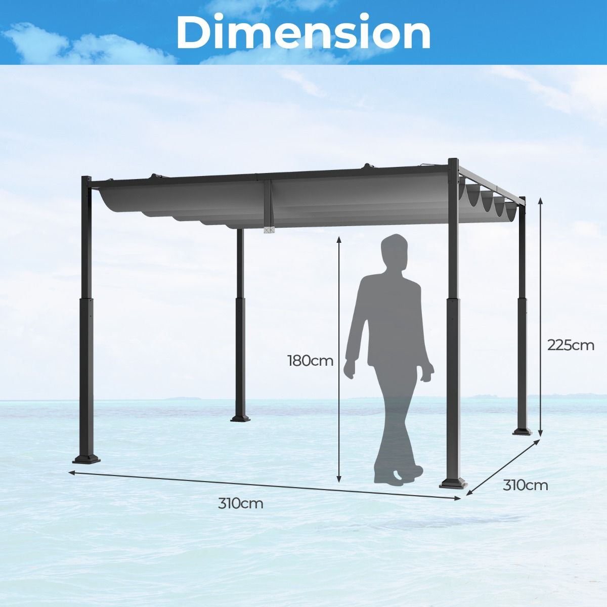 Pergola d'extérieur Coast - auvent rétractable - colonnes métalliques robustes - gris et noir - 310 x 310 cm