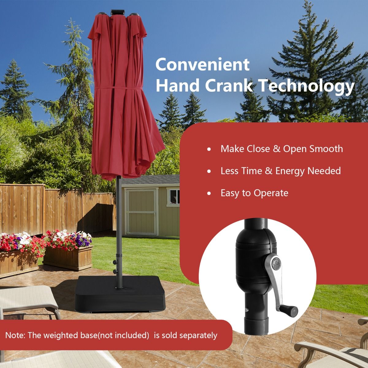 Parasol double Coast - Éclairage à 48 LED à énergie solaire - manivelle - rouge vin 470 x 280 cm