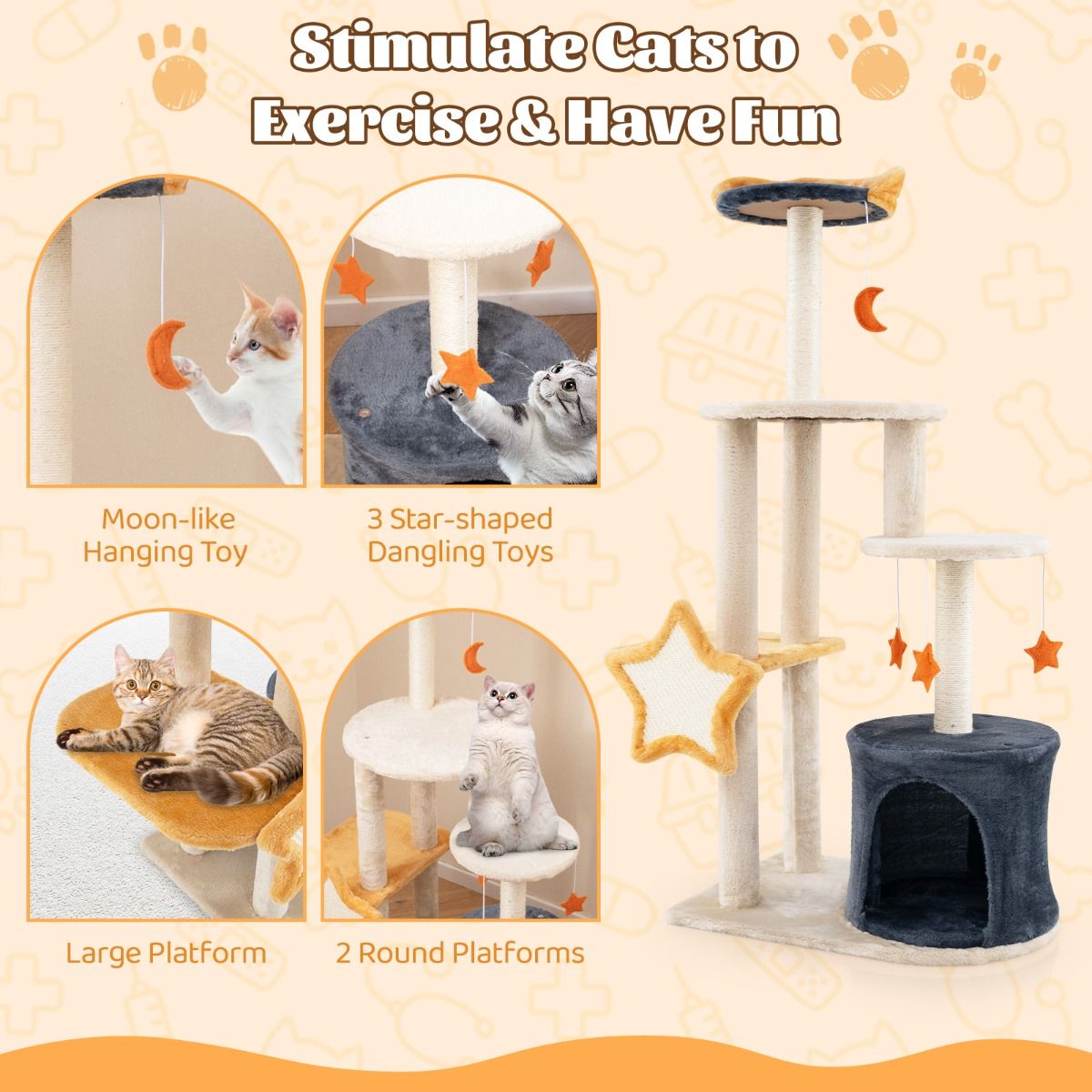 Arbre à chat Coast - 128 cm - Plusieurs étages - Poteaux à griffer en sisal - Beige et gris