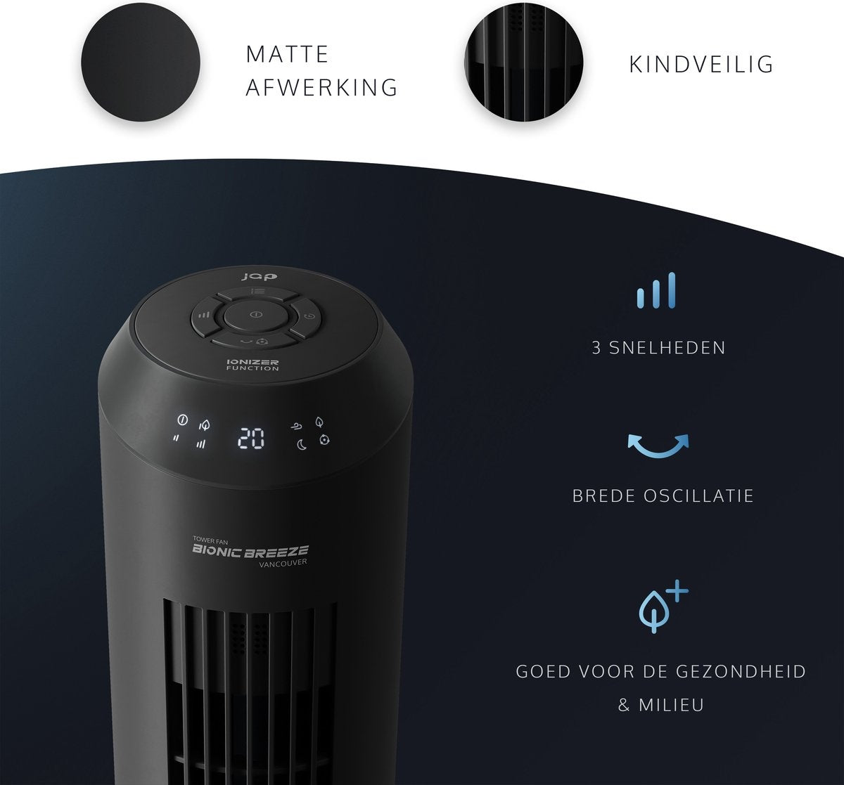 JAP Appliances Vancouver - 2 en 1 Ventilateur silencieux (48dB) et purificateur d'air (Ioniseur) - Ventilateur de tour avec télécommande et minuterie - 6 niveaux - Noir mat