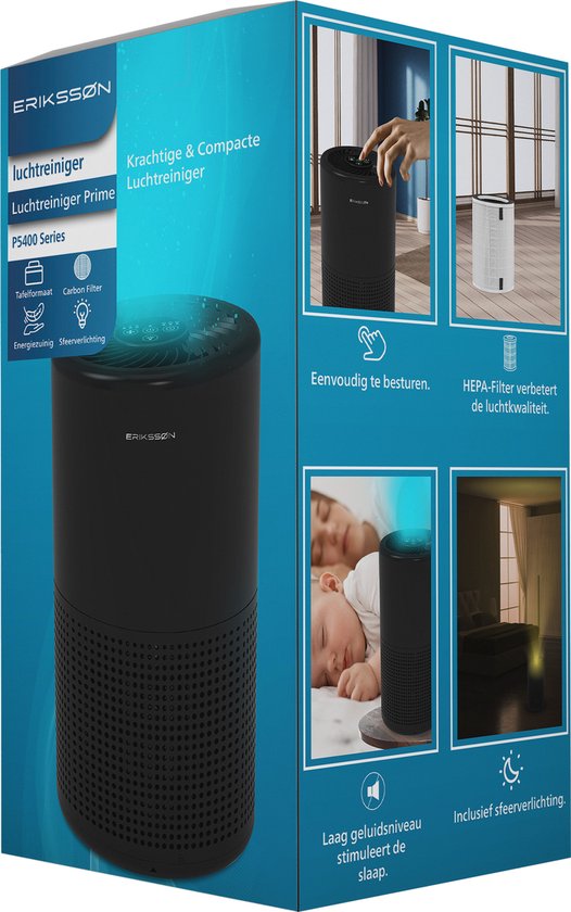 Erikssøn Air Purifier Prime - 70 m3/h - Contre les acariens, le rhume des foins, les allergies, la poussière - Avec filtre HEPA 13 + filtre à charbon - Purificateur d'air - Clean Air