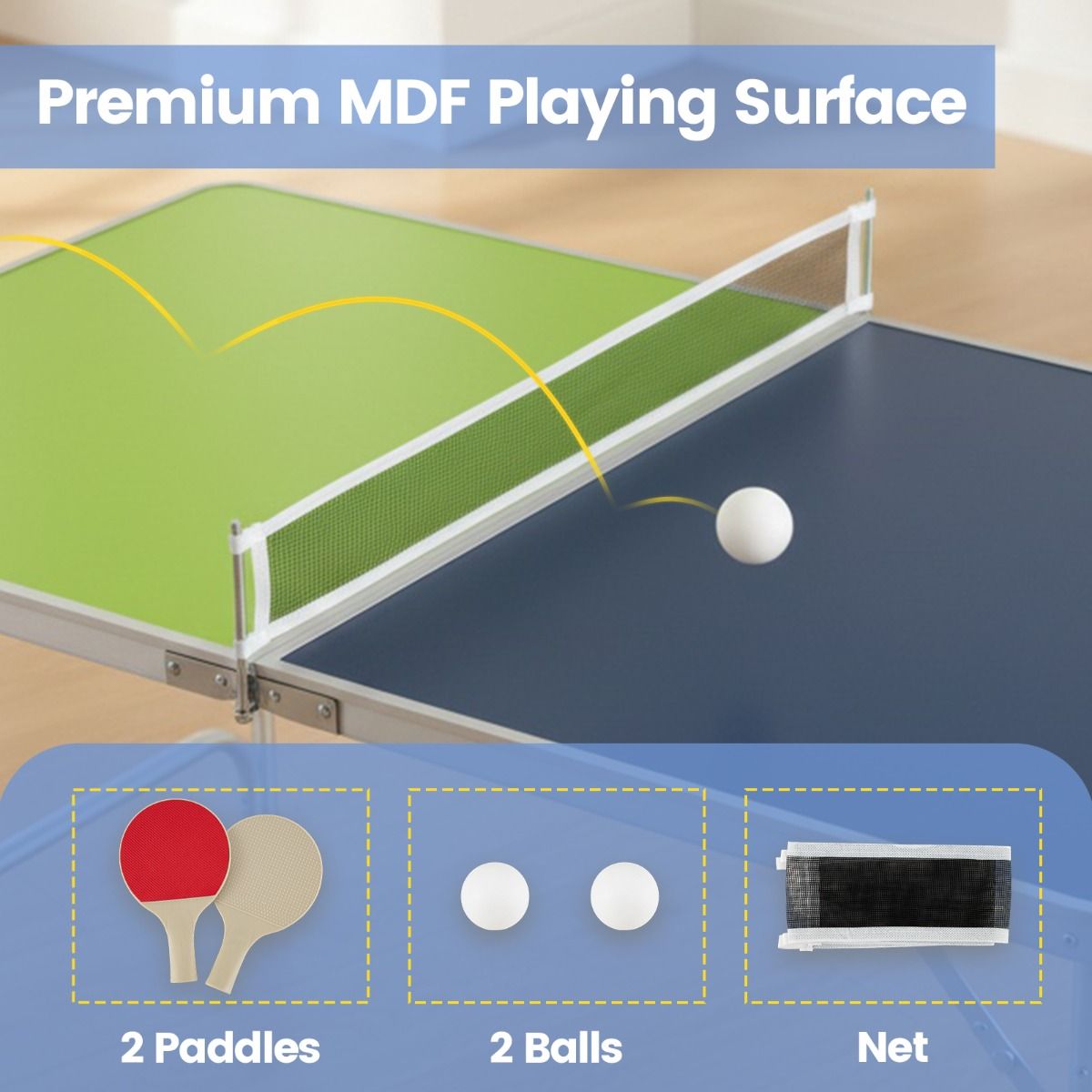 Table de ping-pong Coast Mini - Pliable - Hauteur réglable - 120 x 76 cm - Vert, bleu, argent
