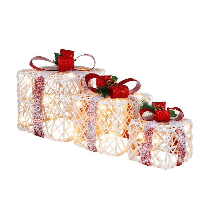 Lot de 3 boîtes cadeaux à piles LED avec nœuds rouges 60 lumières LED