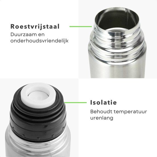 Bouteille isotherme - Tasse isotherme - Pichet isotherme - Pichet à double paroi - 0,5 litre - Acier inoxydable - Pour boissons chaudes et froides - E-book inclus