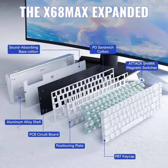 ATTACK SHARK X68MAX HE - Clavier gaming filaire à commutateurs magnétiques - Aluminium CNC - 68 touches - RGB - Touches en PBT imprimées sur le côté - Cordon décoratif - 8 kHz - Temps de réponse de 0,005 mm - Temps de réponse de 0,08 ms - Contour blanc