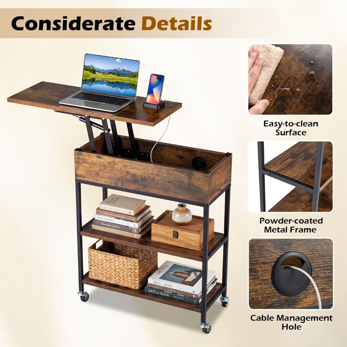 Table d'appoint Coast avec plateau rabattable - Station de recharge et espace de rangement dissimulé - Brun rustique et noir