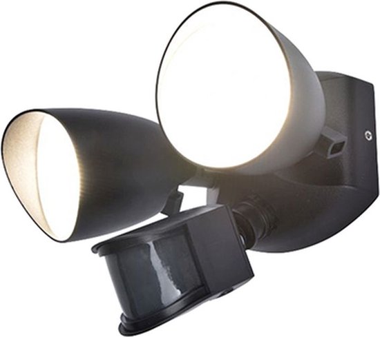 LUTEC Shrimp - Applique murale de sécurité LED pour l'extérieur - Détecteur de mouvement PIR - Capteur jour/nuit - Aluminium haut de gamme - À deux têtes - Éclairage puissant de 1 700 lm - Lumière blanche brillante de 4 000 K - Noir mat