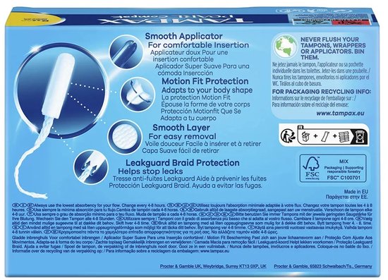 Tampons Tampax Pearl Compak Regular avec applicateur, lot de 36