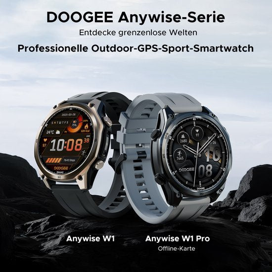 DOOGEE Anywise W1 Pro - Montre connectée de type militaire - Commande vocale par IA - 5 ATM - GPS double bande - Cartes hors ligne - 170 modes sportifs - Écran AMOLED de 1,43 pouce - Tracker d'activité - Appels entrants et sortants - Autonomie de 18 jours