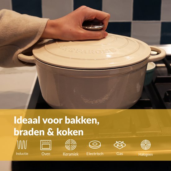 Casserole en fonte Chefarone 3,5 L - Sans PFAS - Avec couvercle - Compatible avec toutes les sources de chaleur - Émaillée blanc crème