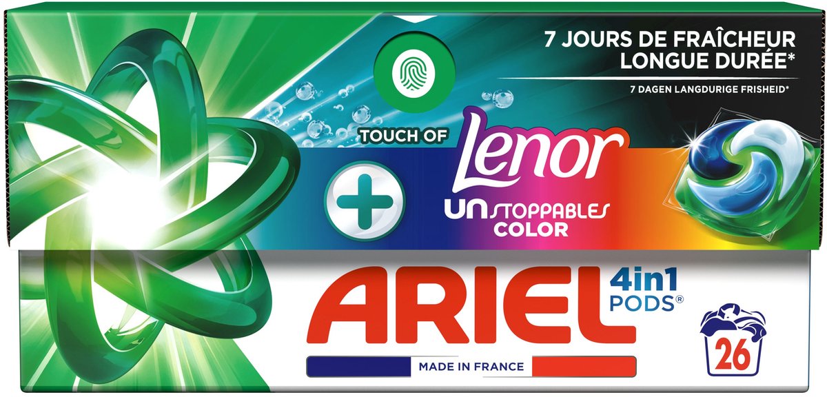 Capsules de lessive Ariel 4-en-1 Color + Lenor Unstoppables – 104 lavages – 4 x 26 capsules