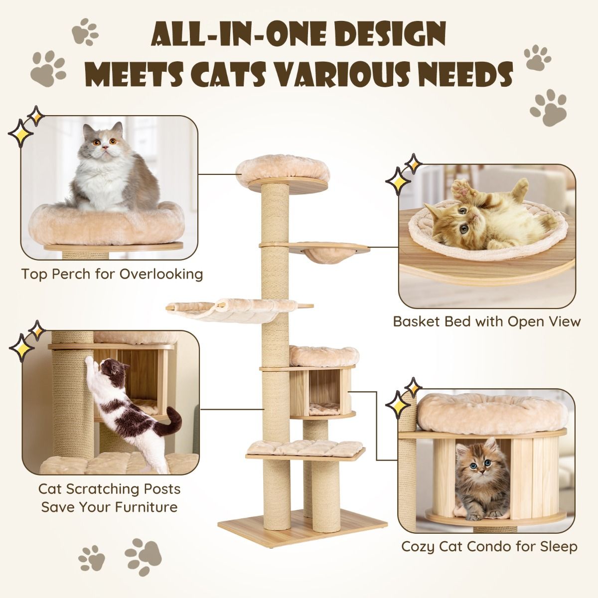 Structure d'escalade pour chats Coast - Plusieurs niveaux - Arbres à griffer et niche - Hamac et tapis lavables - Beige 75 x 56 x 191 cm
