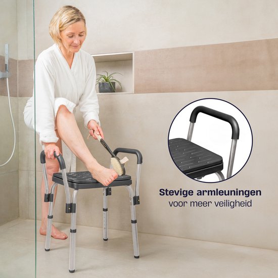 Sanicraft® Chaise de douche - Tabouret de douche avec accoudoir et support de pommeau de douche - chaise et tabouret en 1 - hauteur réglable - pieds antidérapants - argenté