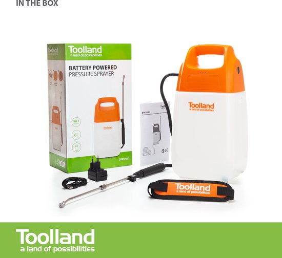 Pulvérisateur Toolland, électrique, batterie rechargeable, lance télescopique, buse réglable, sangle d'épaule, 6 litres, blanc/orange/noir