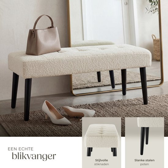 Banc rembourré tectake® - 95 x 38 x 45 cm - Motif de surpiqûres - Capacité de charge : 220 kg - Banc d'assise - Banc d'entrée - Banc pour salon, chambre à coucher, couloir - Bouclé crème