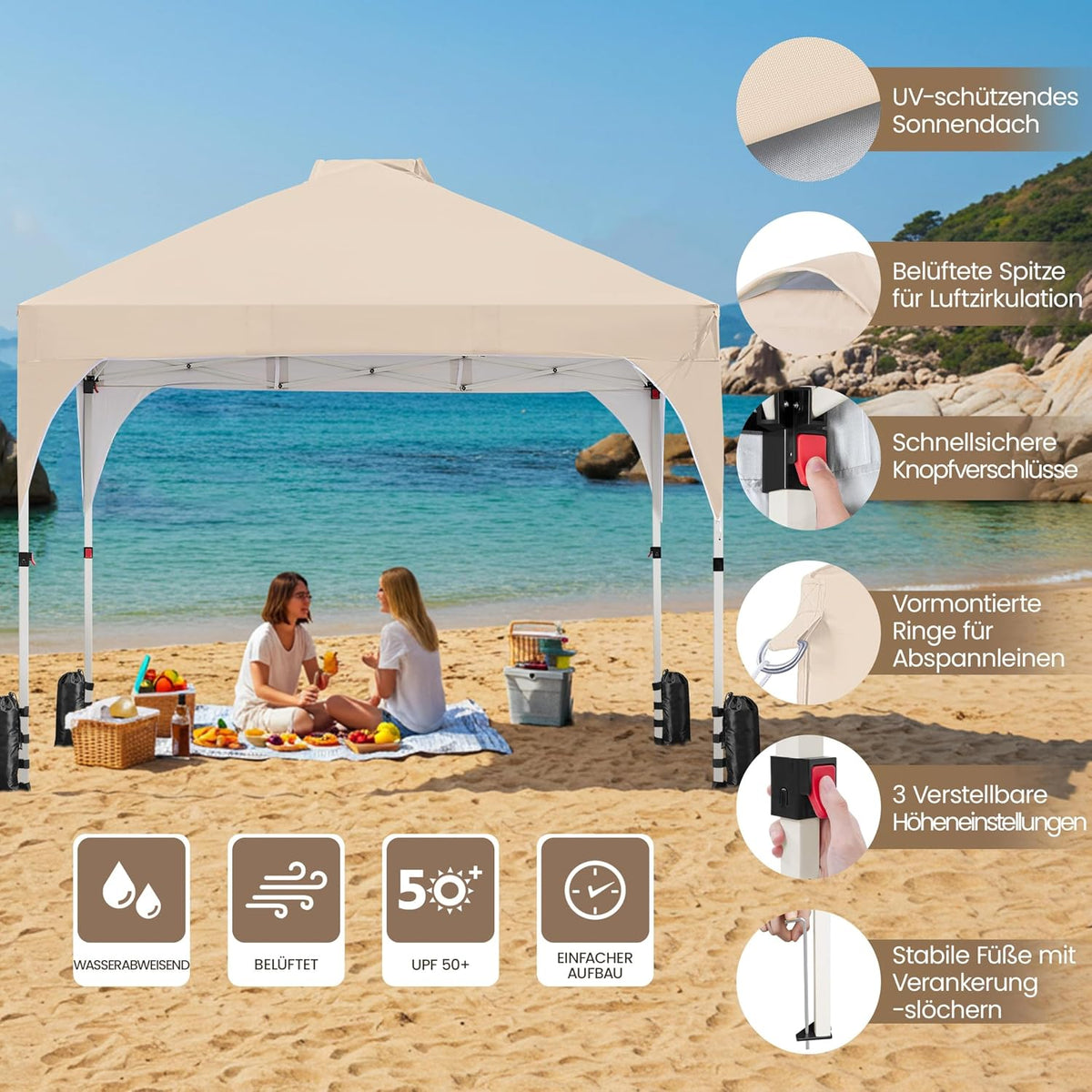 Pavillon pliable Yaheetech 3 x 3 m – Hydrofuge, réglable en hauteur – BeigePavillon pliable Yaheetech 3 x 3 m – Hydrofuge, réglable en hauteur – Beige