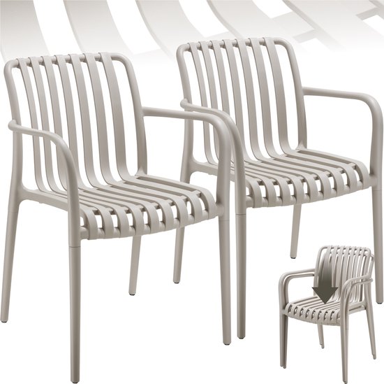 tectake® Lot de 2 chaises de jardin Alcudia - Taupe - Chaises en plastique avec accoudoir - Set de jardin pour la table de jardin ou le camping empilable - Chaises pour le jardin, la terrasse ou le balcon - Résistantes aux intempéries et aux UV - Capacité