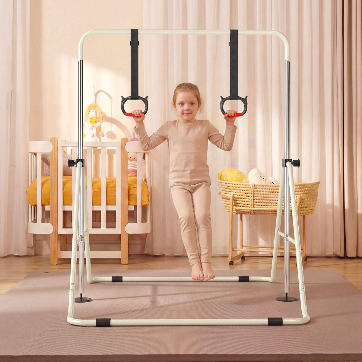 Barre de gymnastique télescopique Coast pour enfants - réglable en hauteur sur 4 niveaux - design pliable - beige