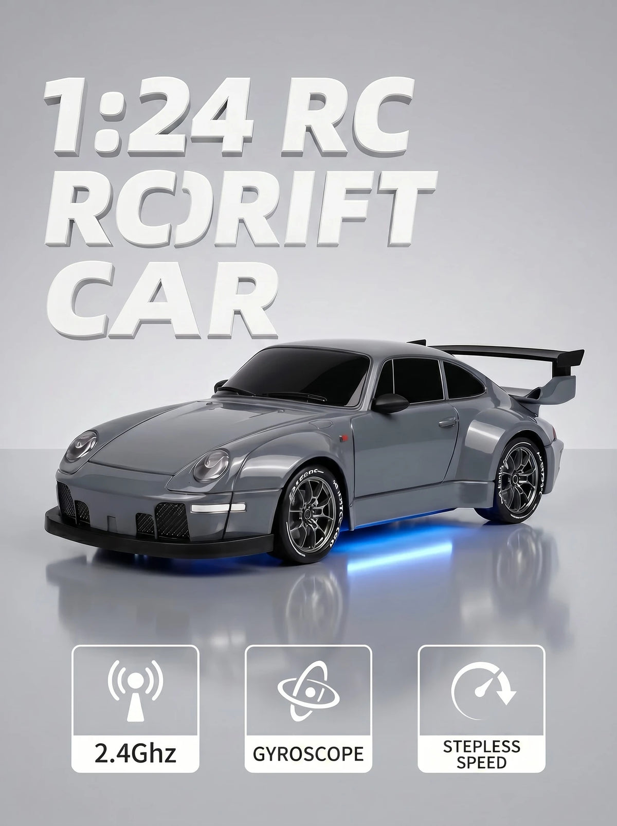 Voiture de drift radiocommandée S814 à l'échelle 1:24 - 4 roues motrices avec stabilisateur gyroscopique - Éclairage LED et deux jeux de pneus - Gris