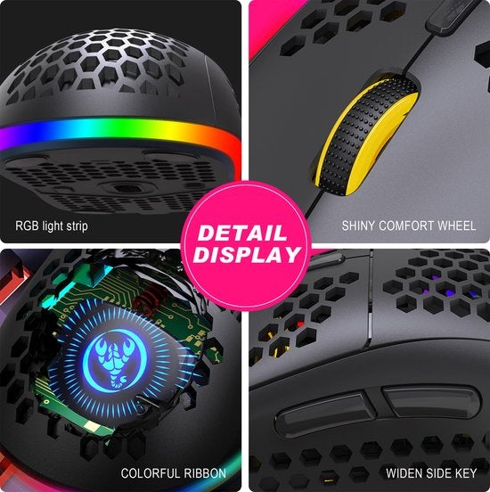 HXSJ T90 Souris de jeu sans fil 2.4G - Bluetooth - Souris d'ordinateur - Ultra légère - Eclairage RVB - Noir