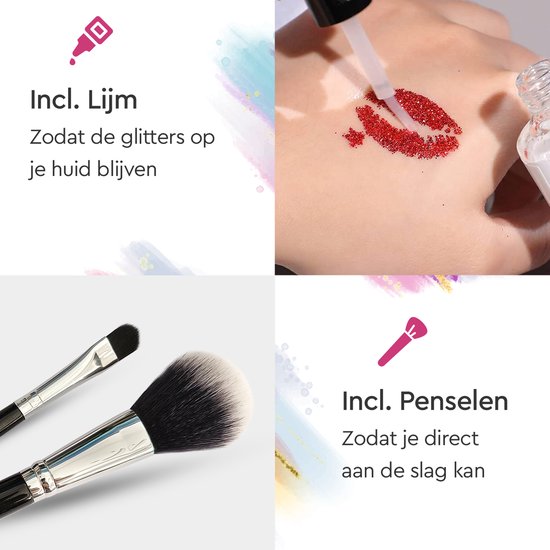 Partizzle Set complet de tatouages pailletés - Filles / Garçons - Gabarits de maquillage, colle et pinceaux - Kit d'artisanat pour faux tatouages au néon - Cadeau de carnaval pour les enfants - 24 couleurs / Biodégradable