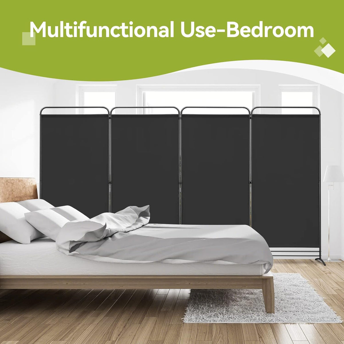 Angel Living Paravent de chambre - 4 pièces - 324x180 cm - Pliable - Acier et polyester - Autoportant - Séparation de pièces et intimité - Noir