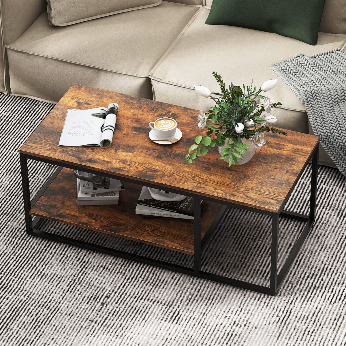 Table basse Coast - rectangulaire - 2 niveaux de rangement - marron rustique et noir - 105 x 50 x 42,5 cm