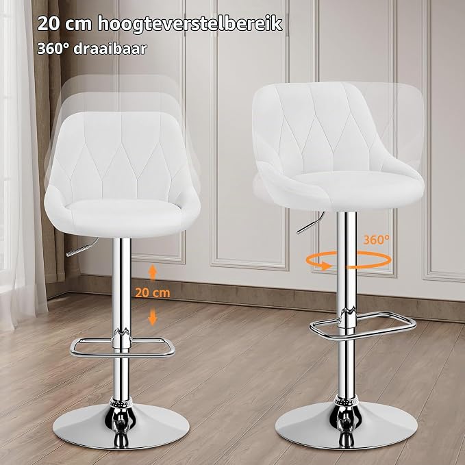 Tabouret de bar Yaheetech avec dossier et repose-pieds - Simili cuir - Réglable de 86 à 107,5 cm - 46 x 49 cm - Blanc