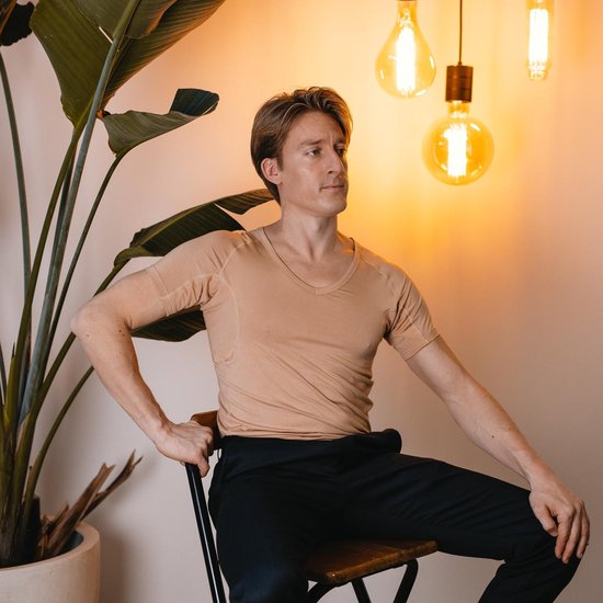 Anti Sweat Shirt - Fibershirts® - Coussinets d'aisselles cousus - Maillot de corps - beige - Col en V - Hommes - Taille XL