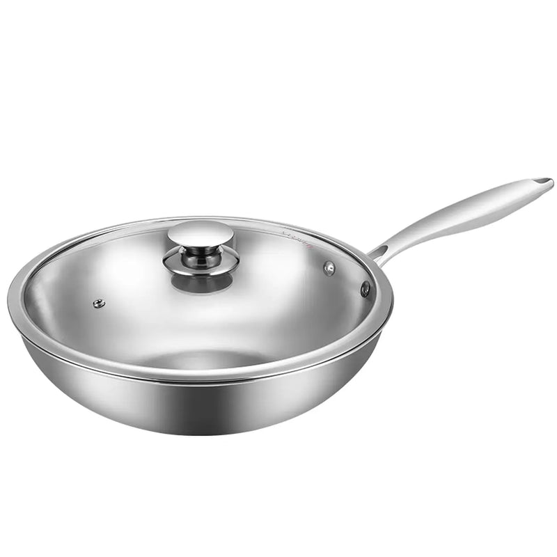 Wok Maxcook MCC7911 en acier inoxydable de 28 cm avec couvercle en verre