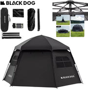 Tente Black Dog Dome - Tente de camping haut de gamme pour 6 à 8 personnes - Hexagonale à montage automatique - Tente familiale portable - Vinyle pliable - Protection contre le soleil et la pluie - Noire