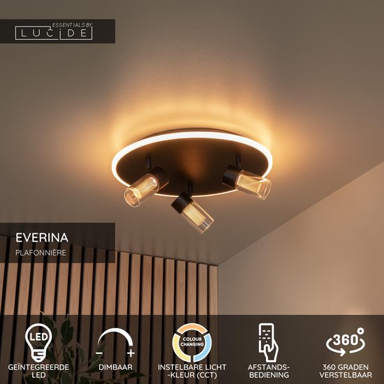 Lucide EVERINA - Plafonnier - Ø 40 cm - LED à intensité variable - CCT - 2200 K/6500 K - Noir - Essential
