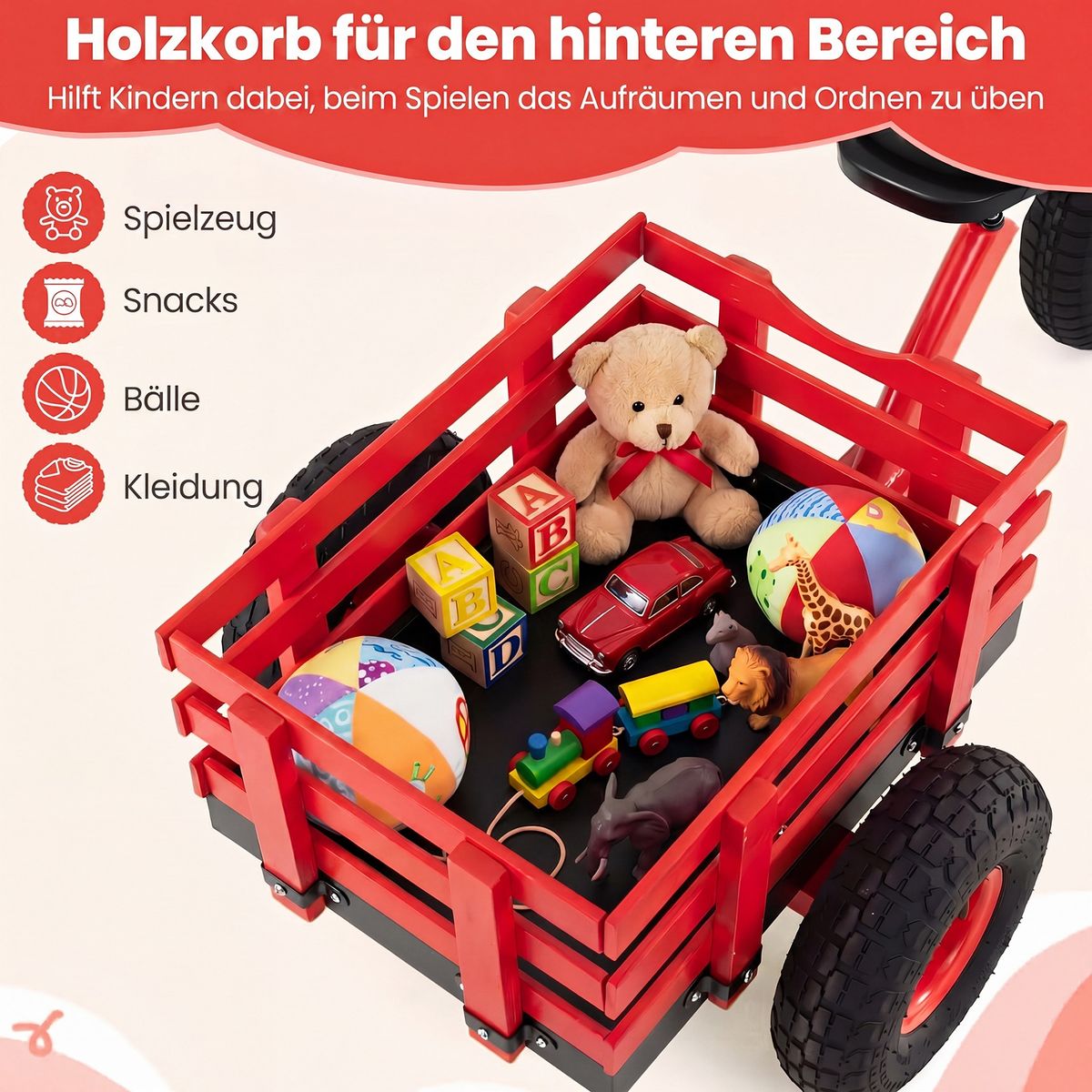 Tricycle pour enfants Coast avec guidon et selle réglables - avec remorque - rouge