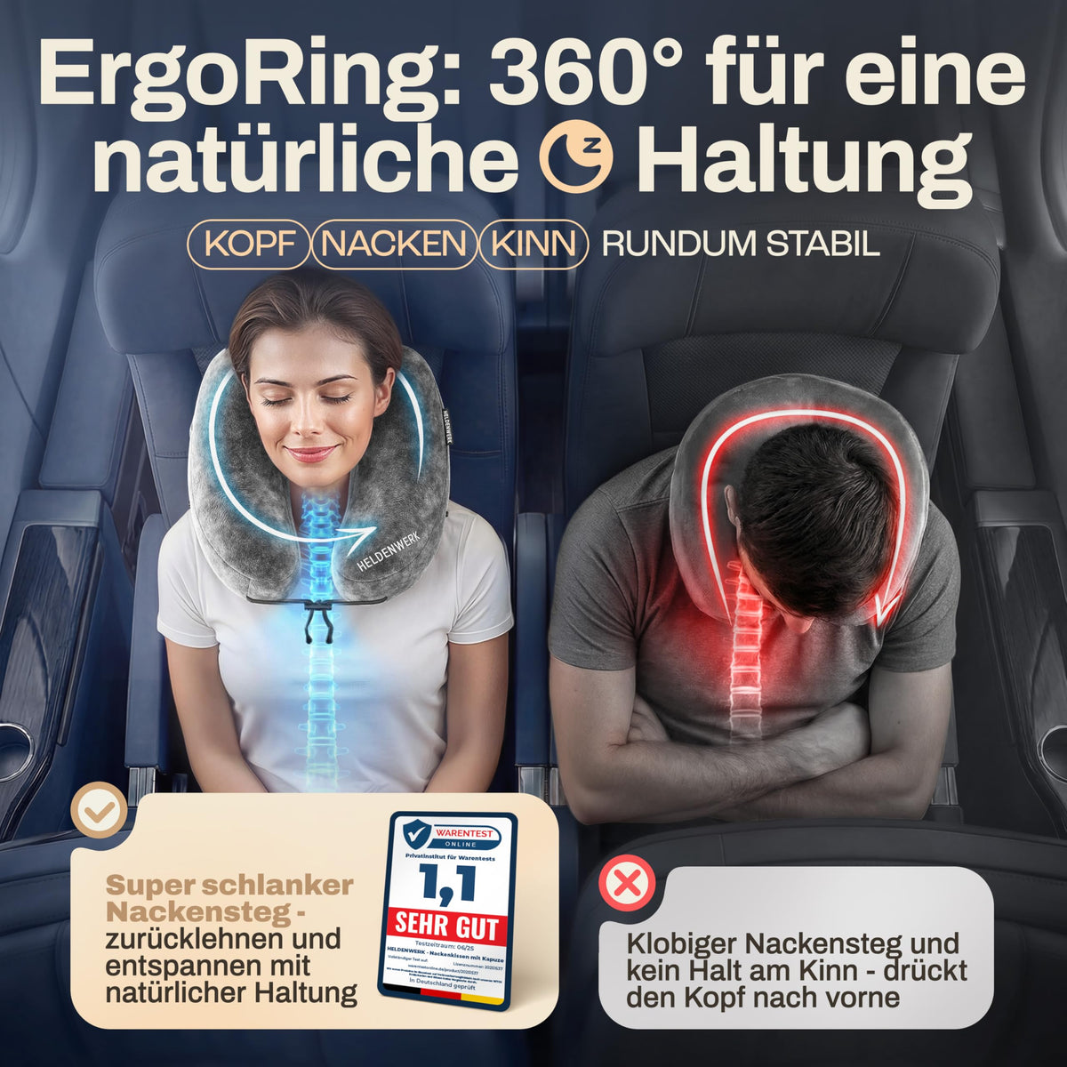 Oreiller cervical Heldenwerk - Gonflable - Valve Comfort - Capuchon - Grand format - Gris foncé