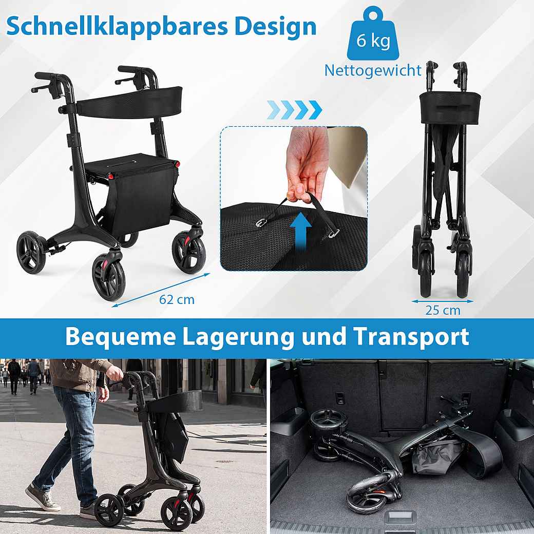 Coast Foldable Rollator Black - Aide à la marche ultralégère en carbone avec siège - 78 x 62 x 86-99 cm