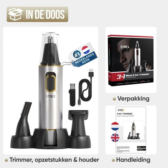 Strex 3 In 1 Nose Hair Trimmer Set - Rechargeable & Lavable - Tondeuse nez / Tondeuse oreilles / Tondeuse sourcils / Tondeuse barbe - Hommes & Femmes